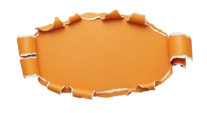 Blank orange torn paper with a ripped edge, oval shape for text or design. Isolated on transparent background, png