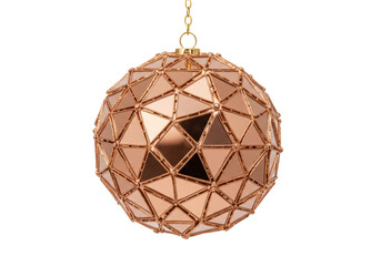 Geometric copper Christmas ornament PNG isolated, modern holiday decoration with triangular mirrored facets and golden chain for festive design