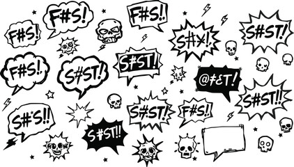 Comic-style expletive speech bubble vector illustration, black and white expressive design, chaotic graphic elements, dramatic emotion symbols, bold sketch artwork