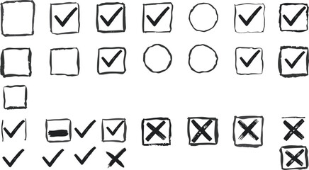 Hand-drawn checkboxes and symbols, visual pattern grid vector, minimal sketch design, cognitive test elements, black and white illustration, abstract shape layout