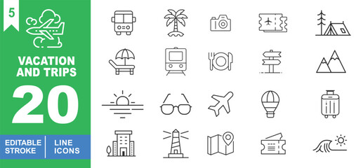 Vacation set of web icons in line style. Exclusive vacation line icon collection. Containing bus, palm tree, camera, ticket, tent, sunbed, train, restaurant. Editable stroke. Vector illustration.