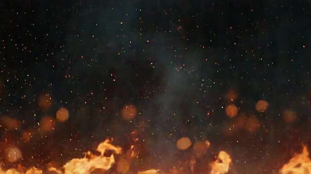 Flames burning with flying sparks on dark background