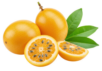 Isolated golden passion fruit, whole and sliced, with stem and green leaves, delicious