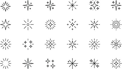 Star sparkle icon vector illustration, decorative burst symbols collection, shining twinkle elements, minimal black design, white background, creative light effect artwork