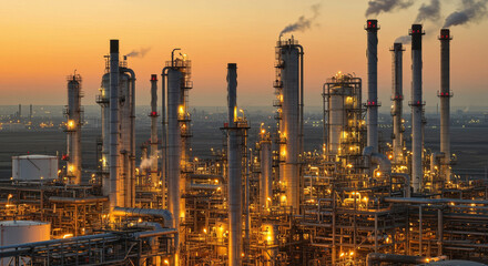 Fototapeta premium Industrial refinery at dusk with warm light reflections on metal pipes, smoke rising gently