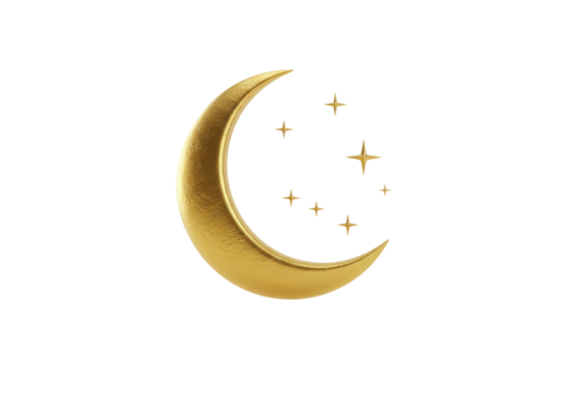 Isolated Gold Crescent Moon and Stars Glittering in Sky Representing the Holiday Season