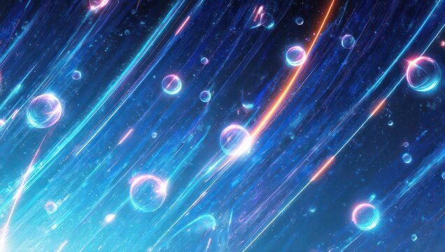 Abstract composition with shimmering, glowing bubbles and streaks in a cosmic, dark blue space