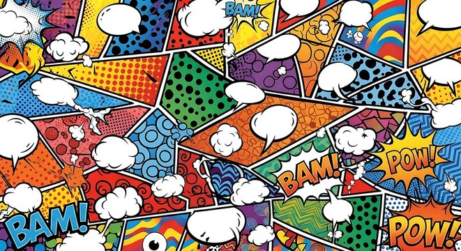 Dynamic Comic Book Panel Design with Vibrant Colors and Speech Bubbles.