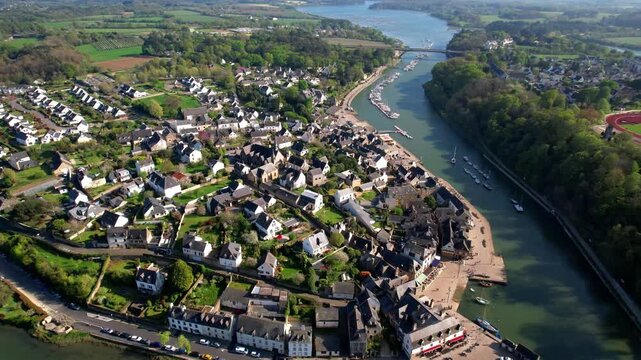 France travel, Brittany region most scenic places. Picturesque old port Saint Goustan and Auray traditional village. aerial high angle 4k hd drone footage
