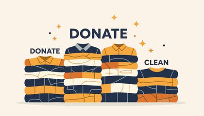 Clothes donation concept with stacks of folded garments. Flat design vector illustration for charity and recycling. A call to action to donate clean second-hand apparel