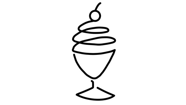 Single Line Drawing of an Ice Cream Sundae with Cherry on Top in a Goblet, Black Outline on White Background - Transparent PNG