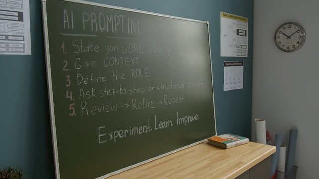 No people handheld shot of blackboard with AI prompting algorithm, educational posters on walls, coding textbook, in classroom at middle school or educational facility at daytime