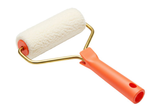 Paint roller with orange handle isolated on transparent background, painting tool for home improvement and construction projects