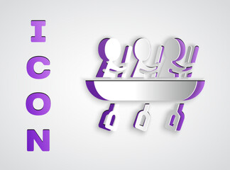 Paper cut Canoe rowing team sports icon isolated on grey background. Three athletes with oars rowing in boat. Teamwork concept. Paper art style. Vector