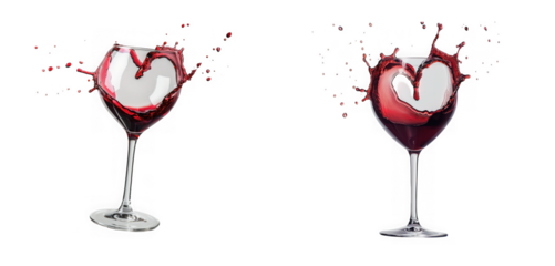 Red wine splashing out of a wine glass in a heart shape, isolated on transparent background