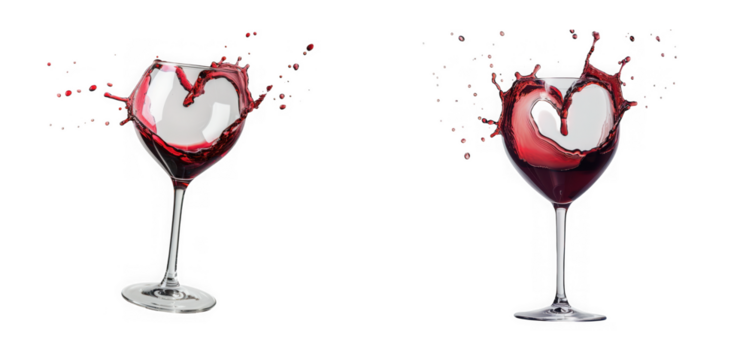 Red wine splashing out of a wine glass in a heart shape, isolated on transparent background