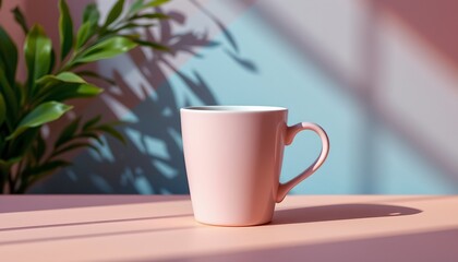 a single mug placed on a surface against the backdrop of a room with natural light streaming in through windows.