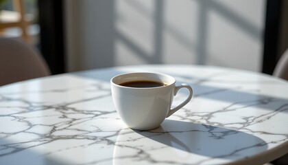 a moment of tranquility with a cup of coffee placed on a marble table near a window allowing sunlight to filter in.