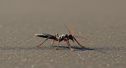 Close-up of a black wasp on a gray surface.