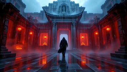 a dimly lit, atmospheric interior of a gothic cathedral at night