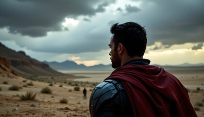 a young man stands in the foreground, gazing off into a desert like landscape that stretches out to a rocky mountain range under a stormy sky