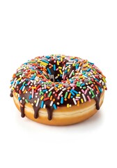 Delicious Donut with Chocolate Glaze and Colorful Sprinkles on White Background.