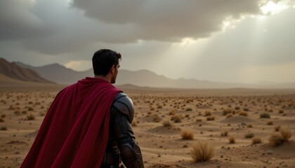 an individual standing in a desert landscape under a dramatic sky. the person is clad in a cape that resembles the iconic costume of the superhero known as superman
