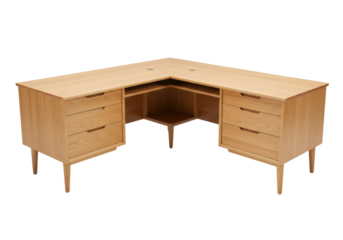 Isolated corner office desk with storage drawers in light wood for home or business