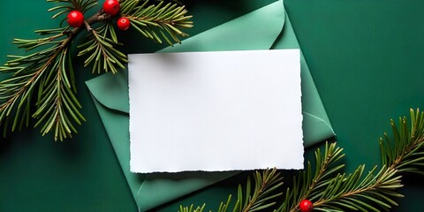 Top view of empty card and envelope surrounded by winter fir twigs and bright red berries, minimalist Christmas greeting layout