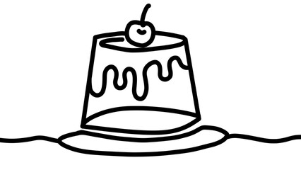 Simple Black and White Line Art Illustration of Flan Pudding Dessert with Cherry on Top – Transparent Background