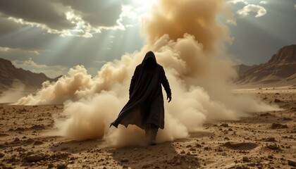 in this image, we see a person walking in a sandstorm amidst a barren landscape