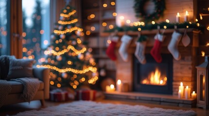 Fototapeta premium Christmas Tree and Fireplace with Stockings in Cozy Home Interior