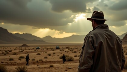 a solitary figure standing in the middle of an arid desert landscape at dusk