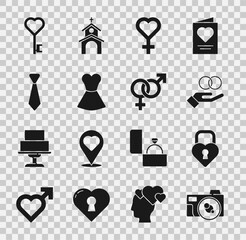Set Photo camera, Castle in the shape of heart, Wedding rings, Female gender symbol, Woman dress, Tie, Key and Gender icon. Vector