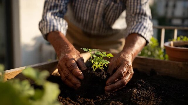 An elderly person's hands gently plant a young sapling into the earth, showcasing the beauty of gardening and the nurturing connection between humans and nature.