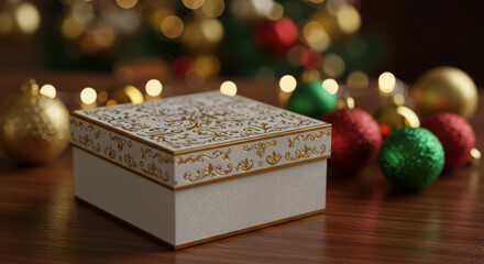 Luxurious white and gold gift on wooden table, blurred Christmas lights and ornaments behind, elegant style