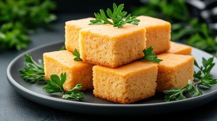 Stacked Cornbread Squares with Parsley Garnish on a Gray Plate, Southern Cuisine, Comfort Food, Homemade, Delicious, Close Up