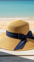 Elegant Straw Hat with Navy Ribbon on Beach.