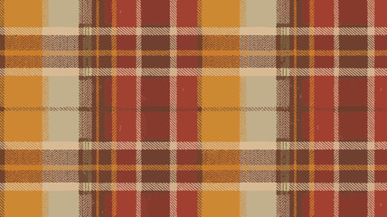 Detailed close up of a tartan pattern with red brown and beige colors in a fabric texture