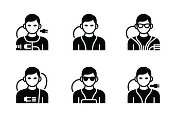 Set of six minimalist black and white vector icons representing diverse individuals with connectivity themes silhouette