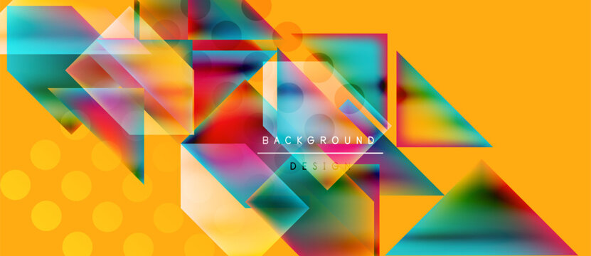 Abstract geometric shapes overlap, creating vibrant colorful background. Yellow dots accent orange base. Text reads background design.