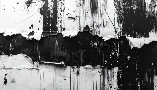 Black and white xerox style background with smudges, torn paper edges, toner streaks. Dramatic grain