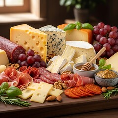 Delicious Cheese and Charcuterie Board with Grapes and Honey.
