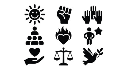 Set of 9 black and white minimalist icons representing positivity unity justice peace and success scalable vector eps silhouette
