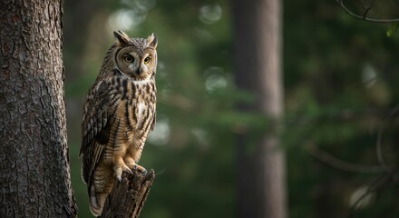 Fototapeta premium A majestic great horned owl perched gracefully on a sturdy tree branch, its sharp eyes and feathered tufts highlighted against the natural woodland backdrop in serene detail.