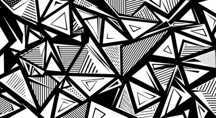 Abstract black and white geometric design featuring overlapping triangles with various patterns.