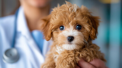 Caring veterinarian gently holding small puppy in modern clinic for health checkup