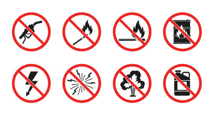 Warning signs depicting prohibited actions, including fire, fuel, and electrical hazards.