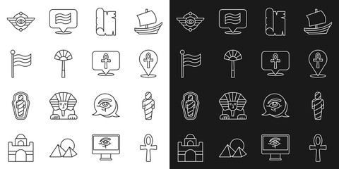 Set line Cross ankh, Egypt mummy, Papyrus scroll, Egyptian fan, Flag Of, symbol Winged sun and icon. Vector