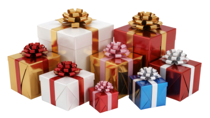 A festive collection of colorful wrapped gift boxes with decorative bows isolated on transparent background
